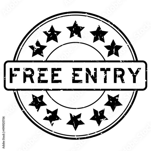 Grunge black free entry word with star icon round rubber seal stamp on white background