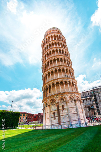 Obraz na płótnie Picturesque landscape with church and famous sloping tower in Pisa, Italy. fascinating exotic amazing places. w salonie