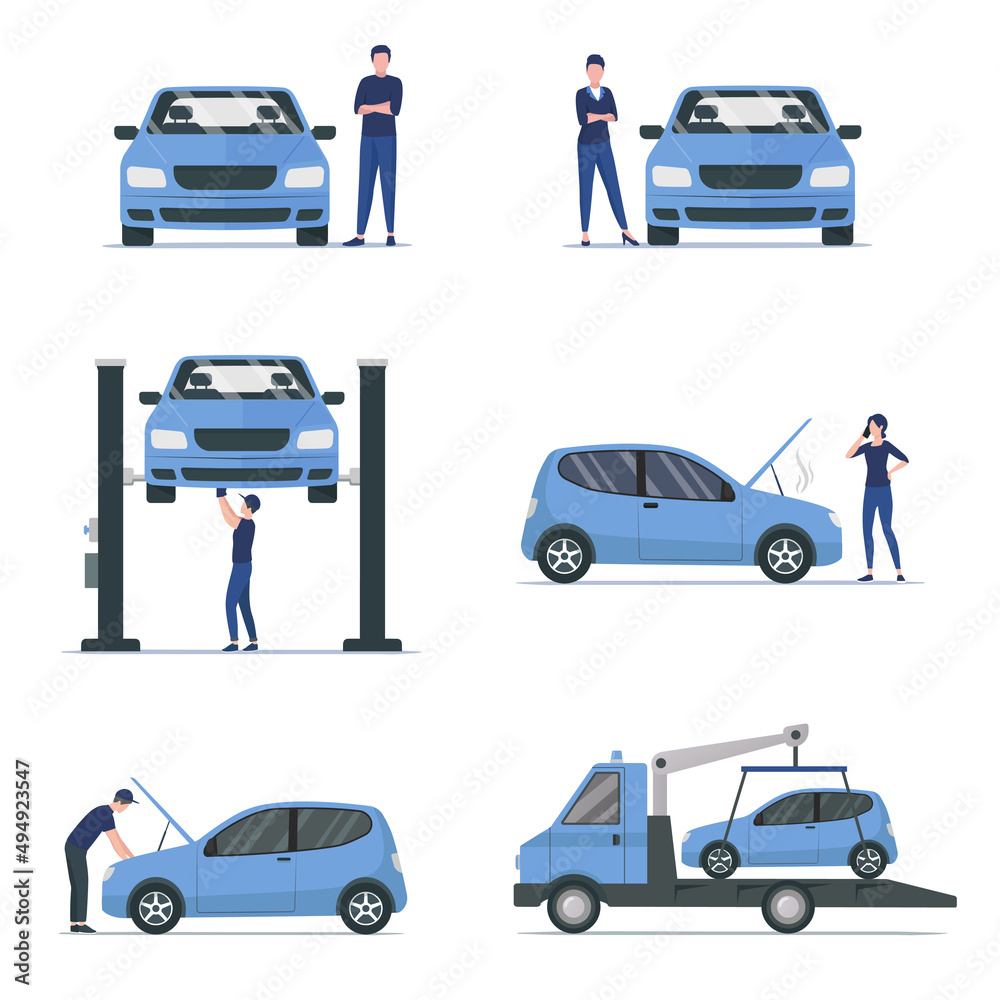 Car owner set. Colored flat vector illustration. Isolated on white background.