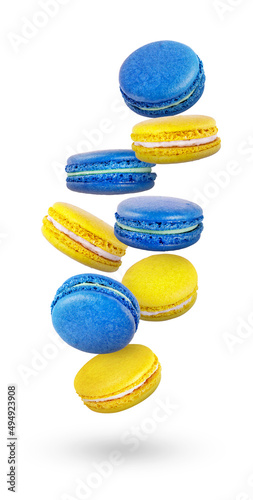 Macaroon yellow  blue isolated on white background. Beautiful cookies.Background with cookies