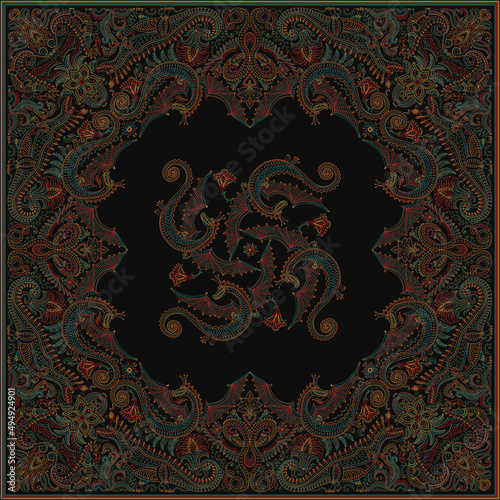 Vector shawl print with dragon, flowers, monsters leaves and fantasy plants on a black background. Rosette from dark colorful flowers and fantasy ornate dinosaur. Tee shirt print, pillow embroidery