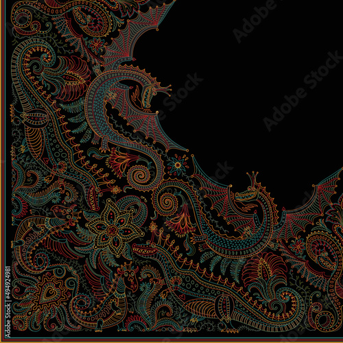 Vector fantasy dragon print on a black background. Paisley pattern, hand drawn flowers, leaves, fairy dinosaur. Quarter scarf, to get the whole shawl should be rotated around the upper right corner