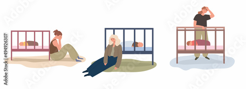 Tired mother is standing by the baby's crib. A tired woman with her newborn baby. Mood disorder after childbirth. Concept of postpartum depression. Vector illustration on an isolated white background.