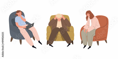 Different tired people is sitting on a armchair.  The unhappy male is sad alone. Bad mood, depressive state. Vector flat illustration on an isolated white background.