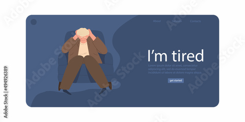 I'm tired. Landing Page Template. The unhappy man is sad alone. Bad mood, depressive state. Vector cartoon flat illustration on an isolated white background.