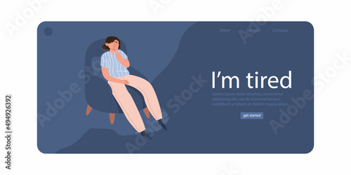 I'm tired. Landing Page Template. The unhappy woman is sad alone. Bad mood, depressive state. Vector cartoon flat illustration on an isolated white background.