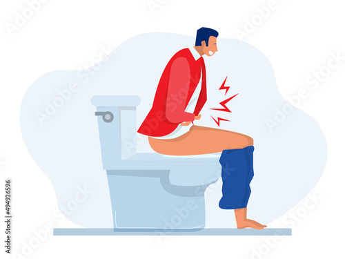 man sitting on the toilet and suffering , Problem with health, feeling bad flat vector illustration