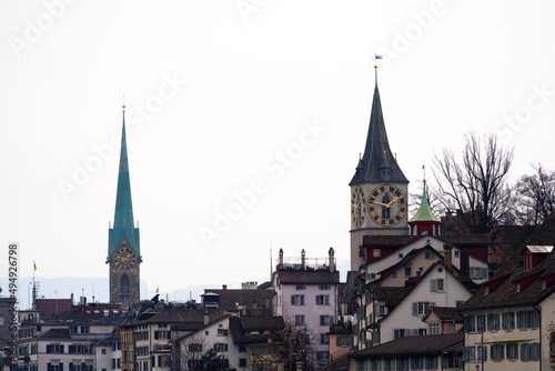 Old town of Zürich with protestant church and historic houses at City of Zürich on a cloudy spring day. Photo taken March 21st, 2022, Zurich, Switzerland.