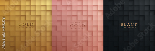 Set of 3D abstract golden, pink gold and black square pattern background design. Collection of luxury geometric background. Design for cover template, poster, banner web, print ad. Vector illustration