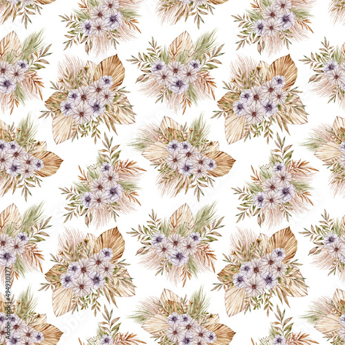 Bohemian blush beige watercolor floral seamless pattern on white background for fabric, scrapbook paper, textile, sublimation, print, wrapping paper. Floral wreath, bouquets and arrangements. © Tiana_Geo