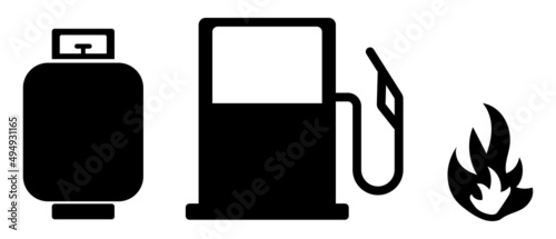 Propane gas and gas station and flame silhouette icon set. Vector.