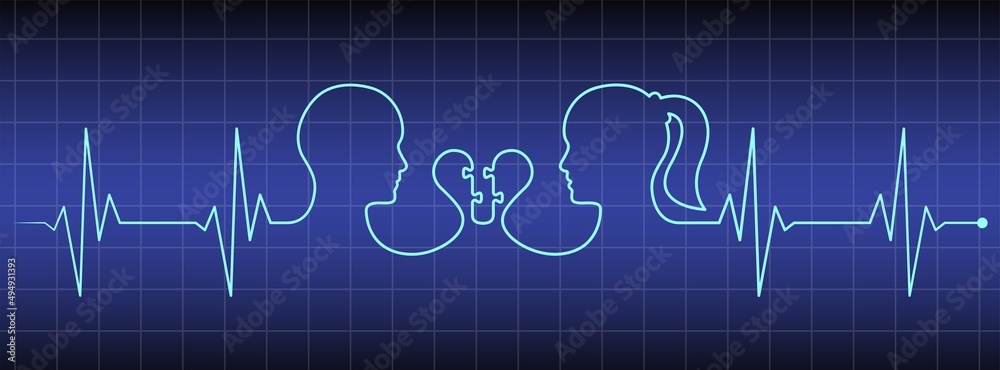 Cardio diagnosis line, heart, man, woman head, love couple line art vector. Heart rhythm ekg vector design to use in love, healthy lifestyle, emotion, family concept illustration projects. Cardio diagnosis line, heart, man, woman head, love couple line art vector. Heart rhythm ekg vector design to use in love, healthy lifestyle, emotion, family concept illustration projects.
