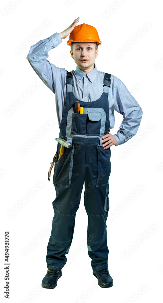 Worker, engineer, builder, locksmith guessed what to do. a great idea came to the man, an insight. the man jokingly banged himself on the head when he realized something. isolated. full height.