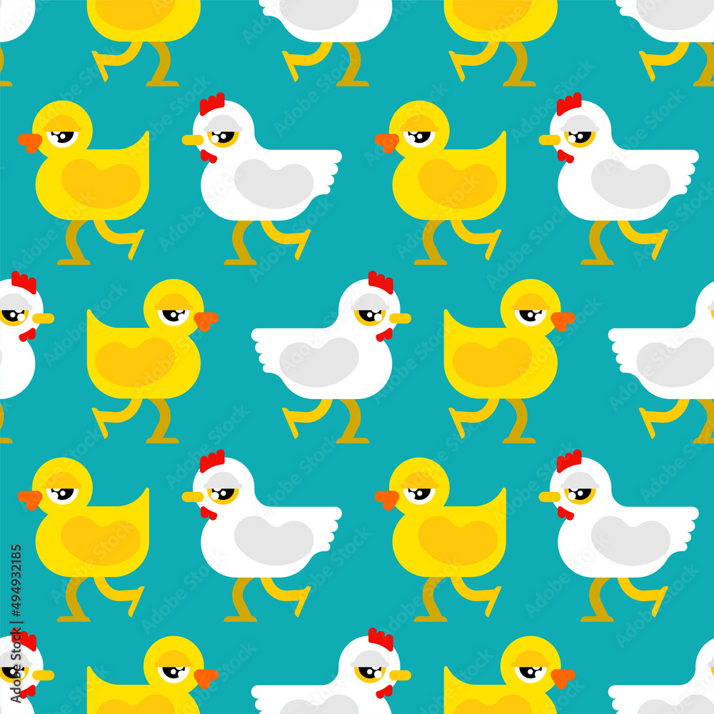 Chicken and duck pattern seamless. farm bird background.