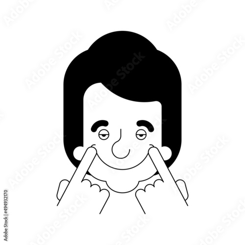 Fake smile. counterfeit joy. Stretch smile with your fingers.