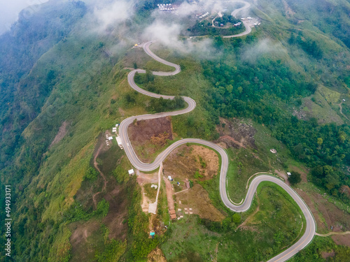 Aerials view Winding road, the way up the mountain to Phu Thap Boek tourist attraction, Phetchabun, Thailand photo