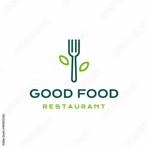 fork and leaf for healthy food restaurant logo design