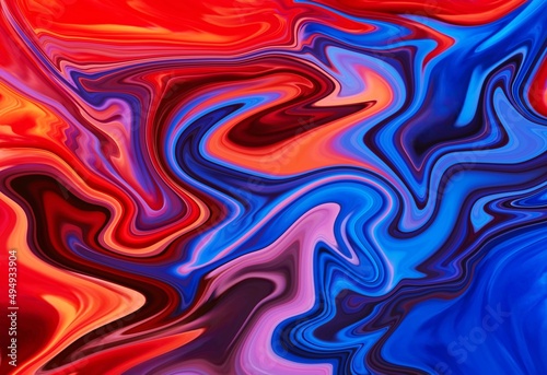 Hand Painted Red Blue Background With Mixed Liquid Paints. Abstract Fluid Acrylic Painting. Marbled Colurful Abstract Background. Liquid Marble Pattern. 