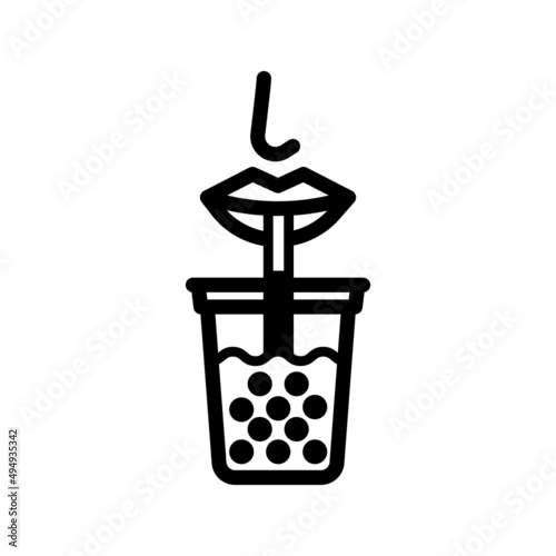 Pearl milk tea glass icon that sucks with a plastic straw, Vector, Icon, Illustration.