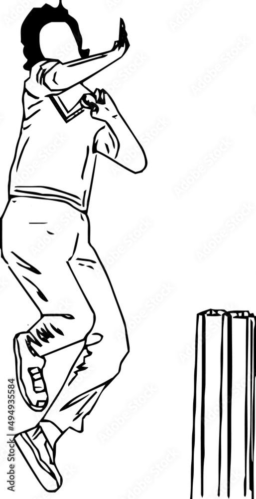 outline sketch drawing vector of legend left handed fast bowler in