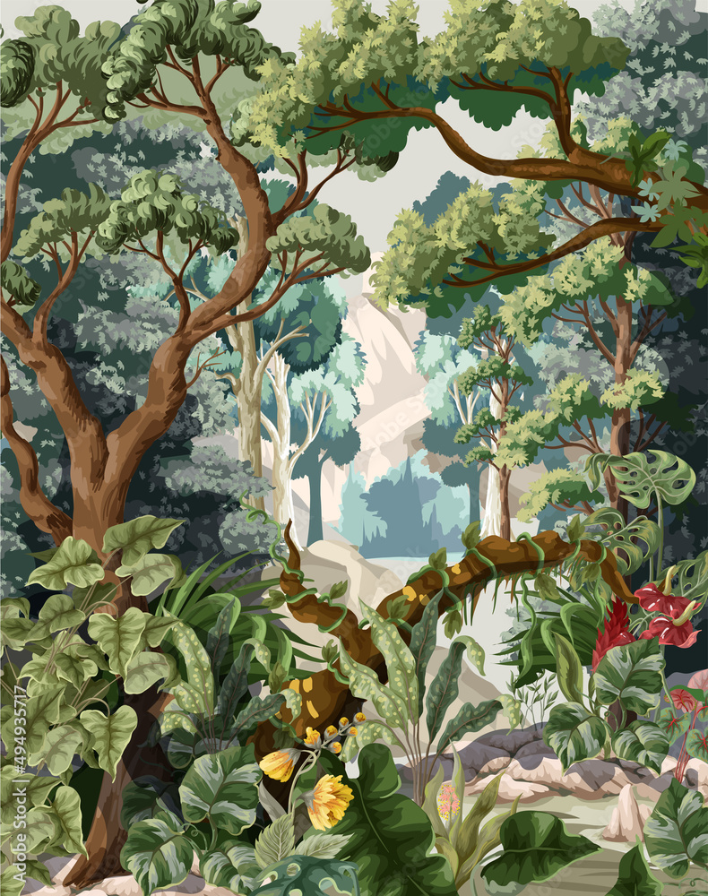 Jungle wallpaper with trees and tropical plant. Vector.