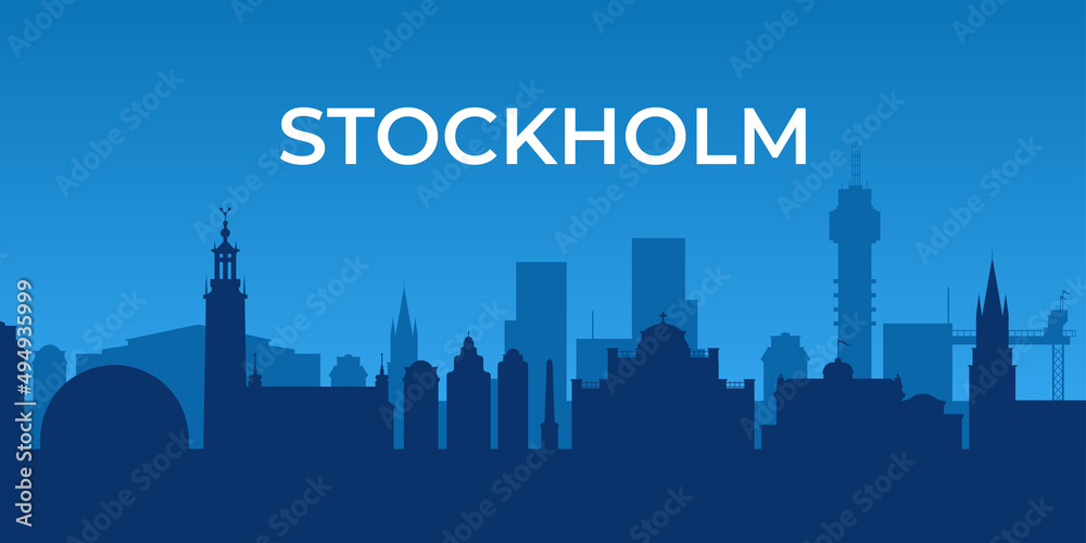 Horizontal banner of Stockholm. Stockholm skyline in blue, Sweden.