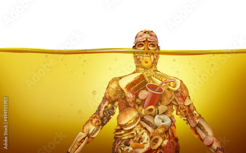 Risky eating habits as a human body made of junk food drowning in oil as a nutrition and cholesterol problem concept as an obese person or obesity and diabetes symbol