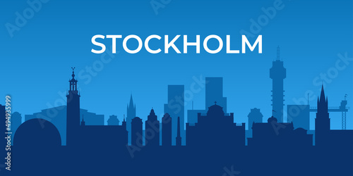 Horizontal banner of Stockholm. Stockholm skyline in blue, Sweden.