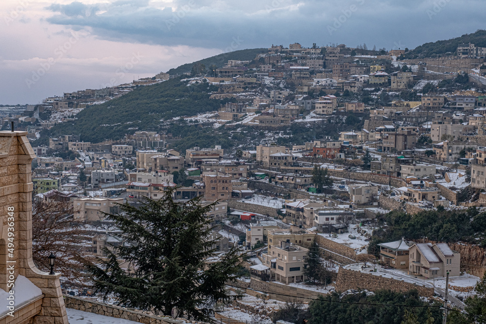 Winter view of the Druze village of Beit-Jann in snow, Mount Meron, Upper Galilee, Northern Israel, Israel.	
