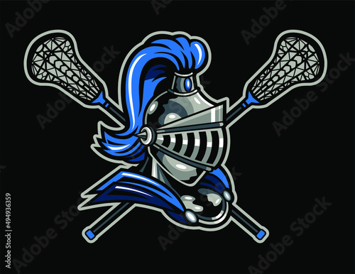 medieval knight mascot with crossed lacrosse sticks for school, college or league