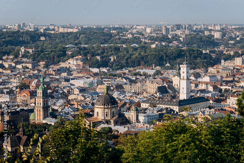 Panoramic view over the colorful roofs in Lviv from high Castle