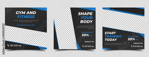 Set of Square banner template design for gym and fitness. Modern banner with black background and blue shape. Usable for social media post, banner, cover, and web ads.