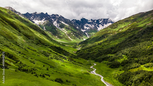 Stunning Mountains of High Caucasus in Georgia in Svaneti Region. Travelling and hiking the Sagari-Pass. Beautiful landscape.