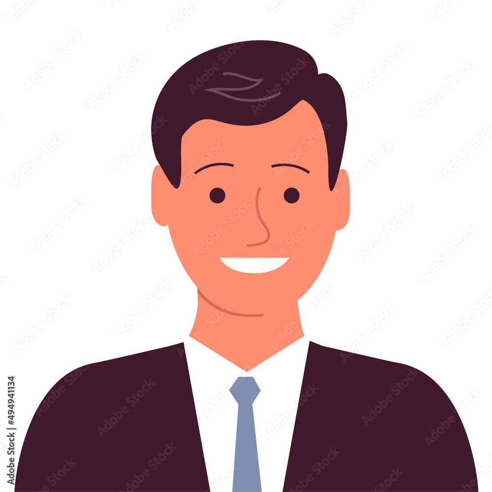 Portrait of a cheerful young man with a happy smile. Business clothes, tie. Avatar male. Flat vector illustration isolated on white background Portrait of a cheerful young man with a happy smile. Business clothes, tie. Avatar male. Flat vector illustration isolated on white background