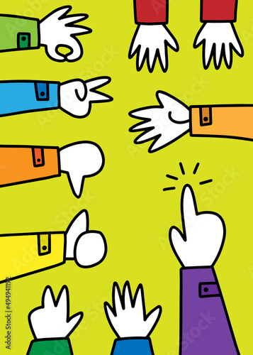hand non verbal sign language set of cartoon style drawn human hands colorful vector elements isolated on lime green background