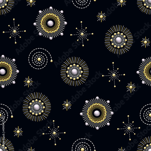 Seamless pattern with planet, stars, comets in sequins and embroidery.