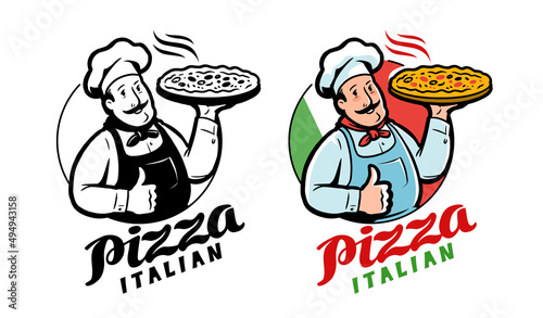 Emblem funny chef with pizza on background Italian flag. Pizzeria logo vector illustration