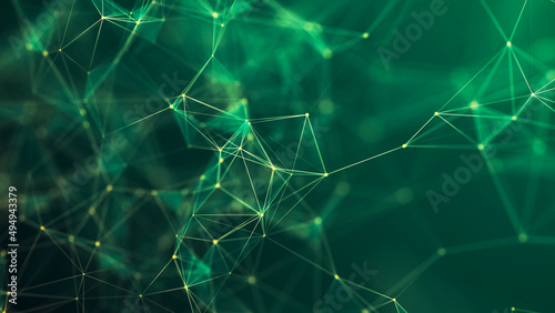 Abstract green background with moving lines and dots. The concept of big data, technology and science. Connection to the World Wide Web. 3d rendering. photo