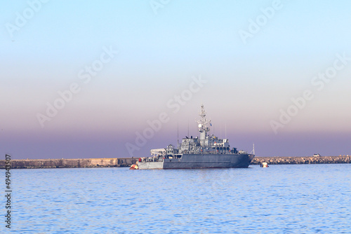 Basic minesweeper. Russian Navy. Morning foggy on the sea photo