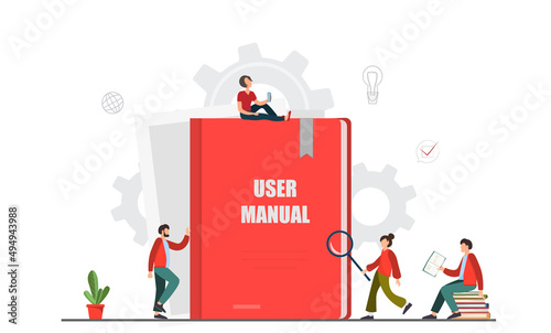 Happy tiny people standing near user manual book, guide instruction or textbooks with magnifying glass, specifications user guidance document, flat vector illustration