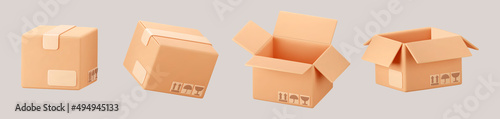 3D cardboard box icon set with symbols isolated on gray background. Render delivery cargo box with fragile care sign symbol, handling with care, protection from water rain. 3d realistic vector