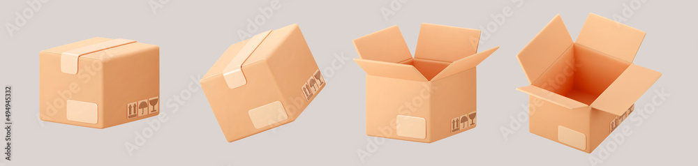 3D cardboard box icon set with symbols isolated on gray background. Render delivery cargo box with fragile care sign symbol, handling with care, protection from water rain. 3d realistic vector.