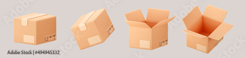 3D cardboard box icon set with symbols isolated on gray background. Render delivery cargo box with fragile care sign symbol, handling with care, protection from water rain. 3d realistic vector.