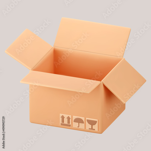 3D cardboard open box icon with symbols isolated on gray background. Render delivery cargo box with fragile care sign symbol, handling with care, protection from water rain. 3d realistic vector