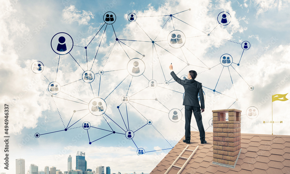 Businessman on house roof presenting networking and connection c Businessman on house roof presenting networking and connection c