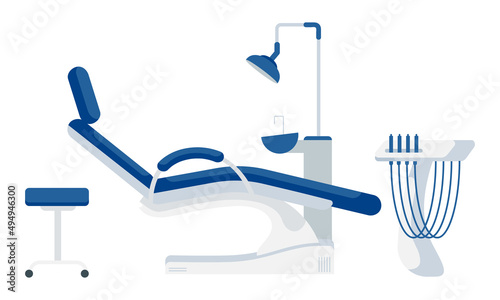 Dental chair and accessories semi flat color vector object. Full sized item on white. Equipment for dental professional simple cartoon style illustration for web graphic design and animation