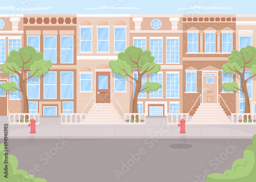 Apartment building exterior flat color vector illustration. Modern urban lifestyle. Residential real estate. Public area. Apartment block 2D simple cartoon cityscape with houses on background