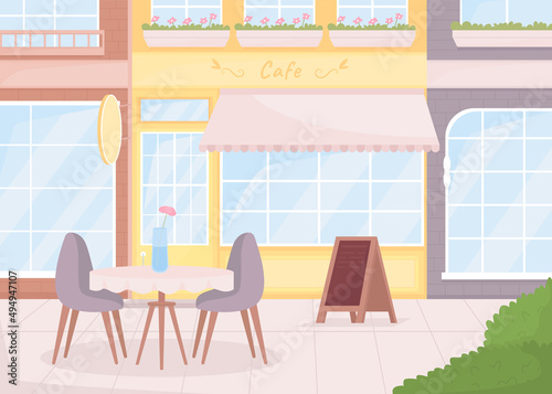 Cozy atmosphere of street cafe flat color vector illustration. Pleasant environment. Coffee shop with outdoor seating 2D simple cartoon cityscape with shops on background. Caveat font used