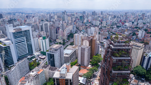 Aerial view of Av. Paulista in S  o Paulo  SP. Main avenue of the capital. With many radio antennas  commercial and residential buildings. Aerial view of the great city of S  o Paulo.