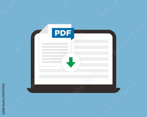 Download PDF icon file with label on laptop screen. Downloading document concept. Banner for business